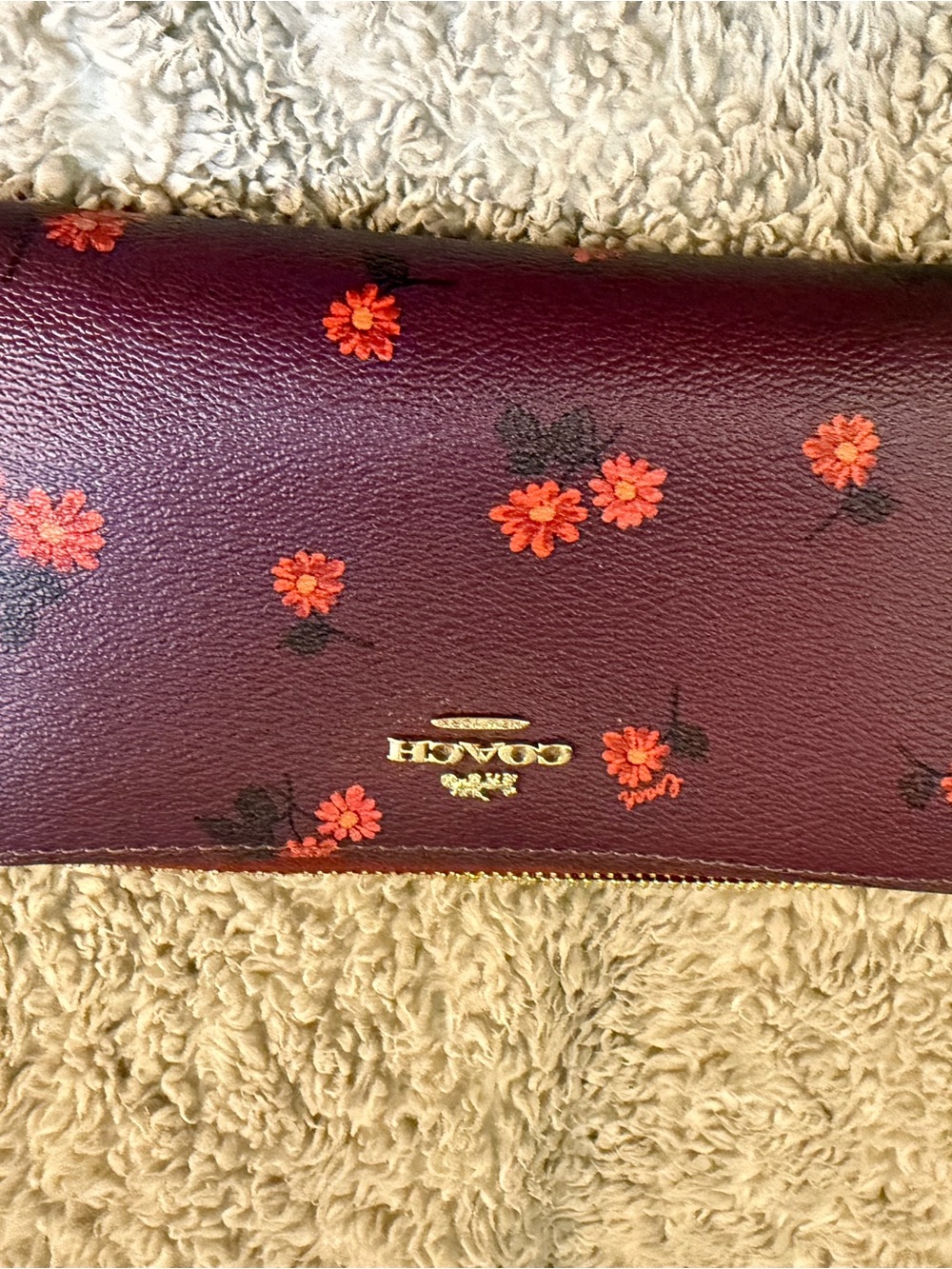 Coach Burgundy Floral Zip Wallet with Orange Flowers